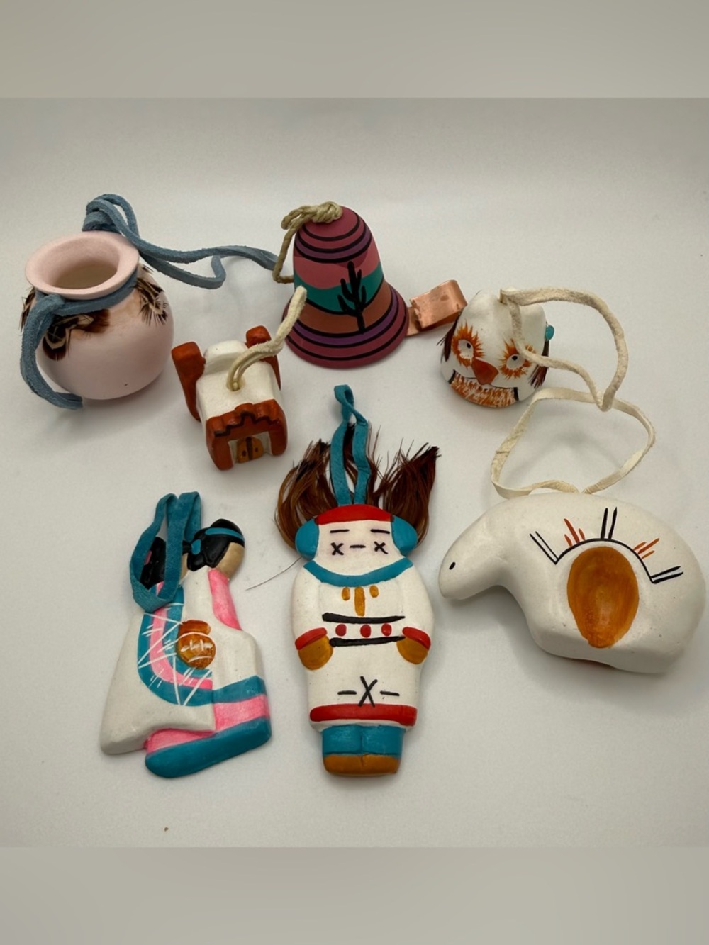 Vintage Southwest Native Clay Ornaments Kachina Bear Owl Bell Tribal Pot lot 7